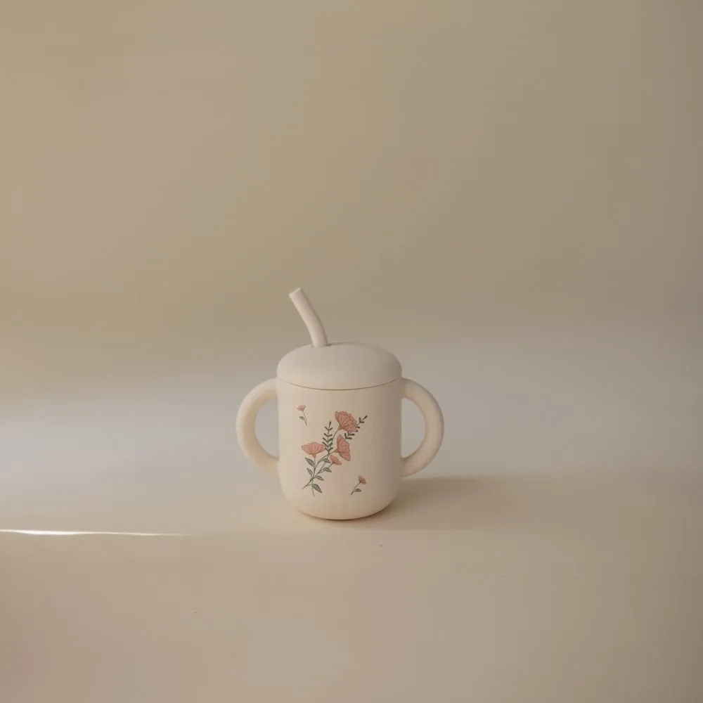 Mushie Silicone | Training Cup   Straw | Pink Flowers
