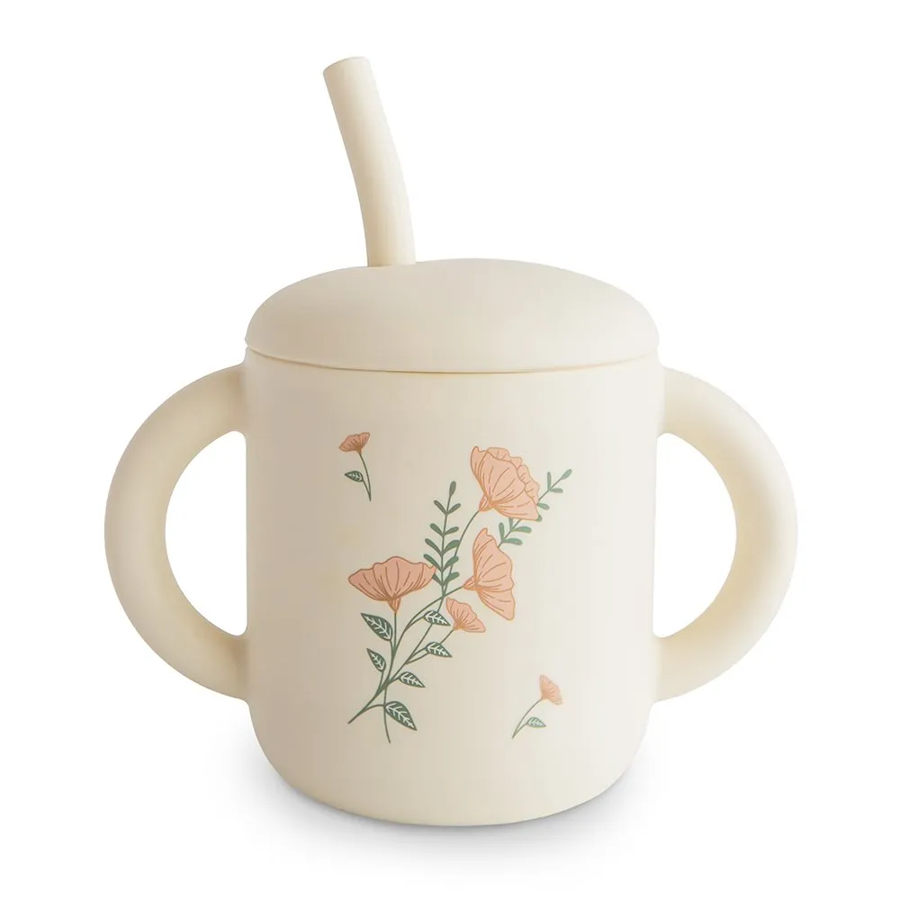 Mushie Silicone | Training Cup   Straw | Pink Flowers